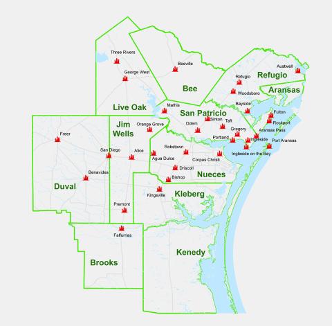 Map of counties in South Texas consisting of Live Oak, Bee, Refugio, Aransas, Duval, Jim Wells, San Patricio, Nueces, Kleberg, Brooks, Kenedy and county seats and cities