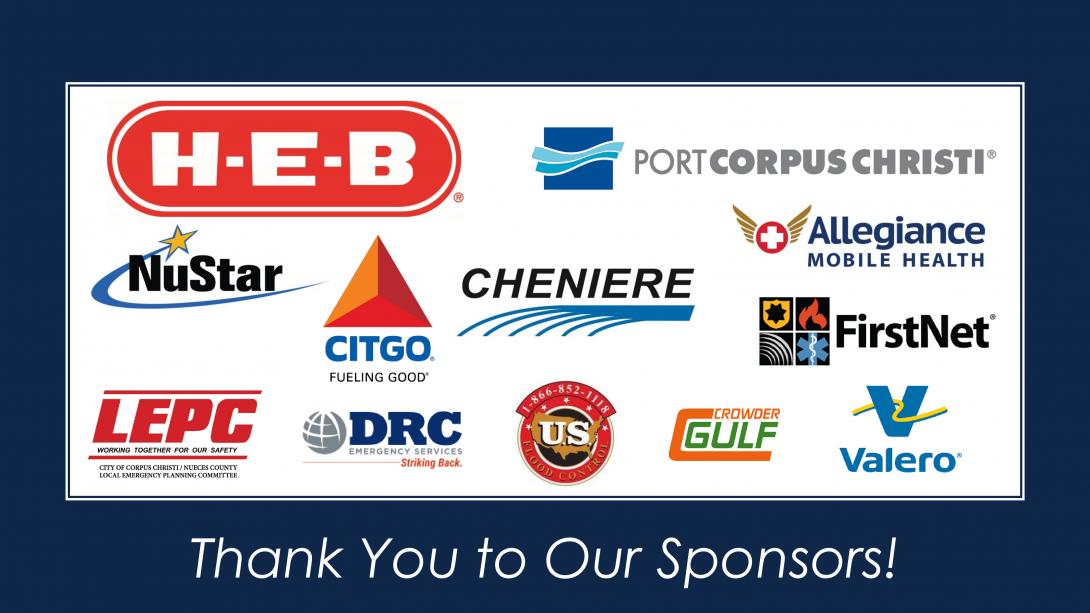 Logos of sponsors HEB, NuStar, Citgo, Port of Corpus Christi, Allegiance, FirstNet, Valero, LEPC, DRC, Cheniere